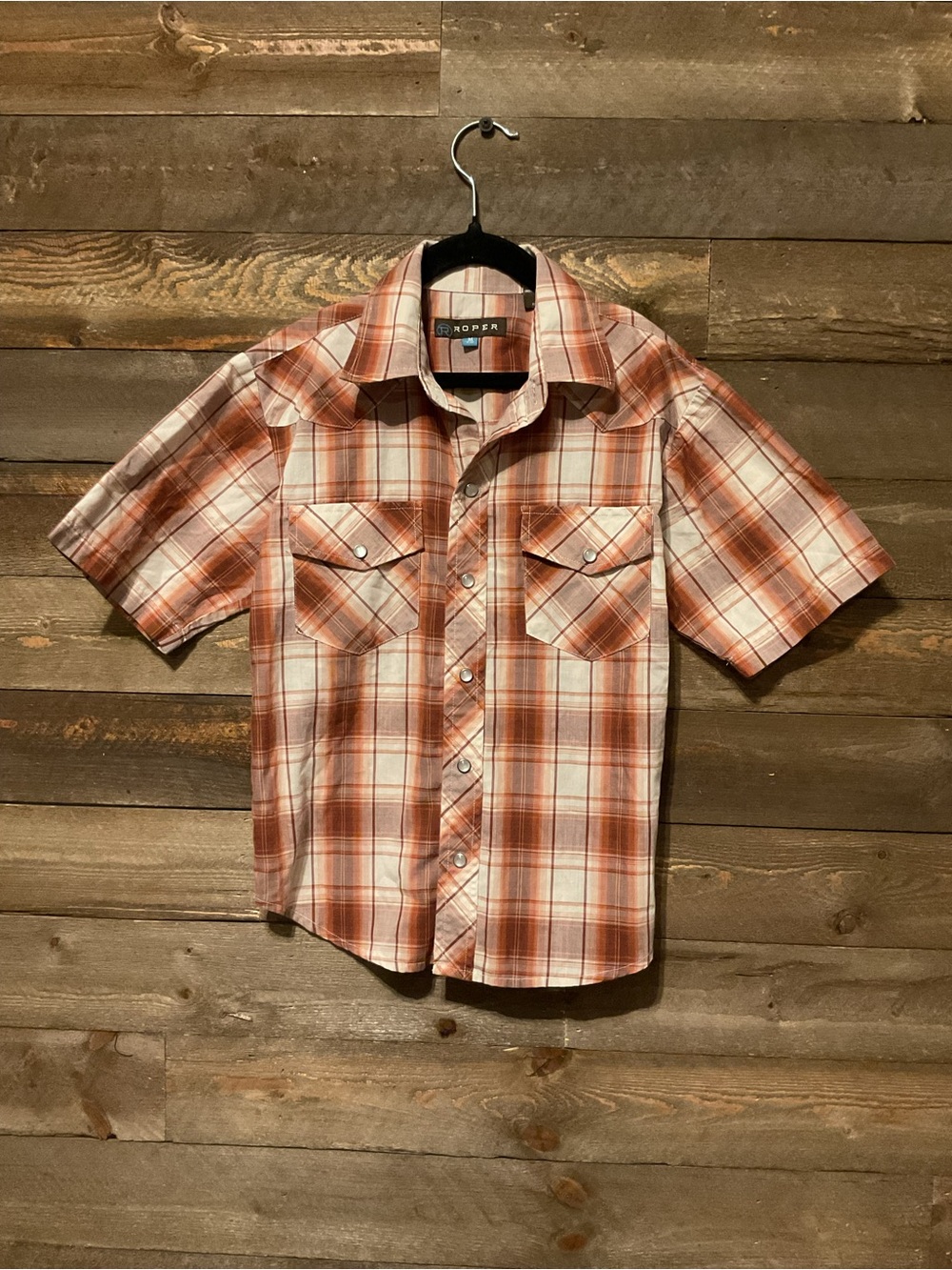 Boys Roper Orange Tan And Brown Plaid Pearl Snap Short Sleeve Shirt Medium 8-10